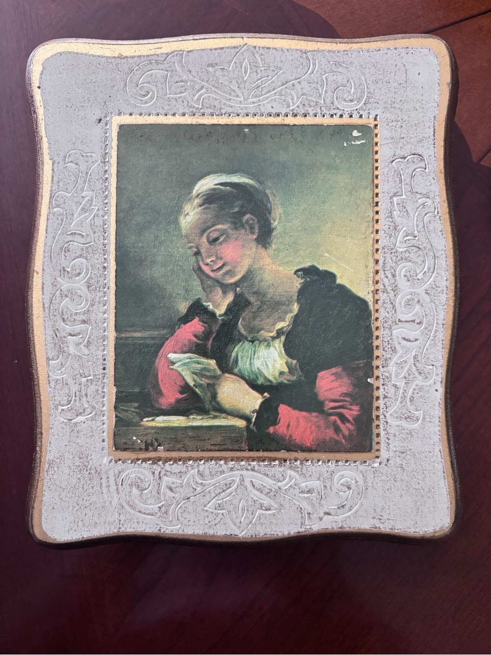 Ornate Cream Framed Reading Lady Art Print
